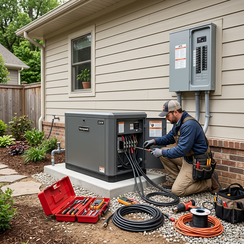 Technician working on a Honeywell backup generator outside a house, connecting electrical cables.